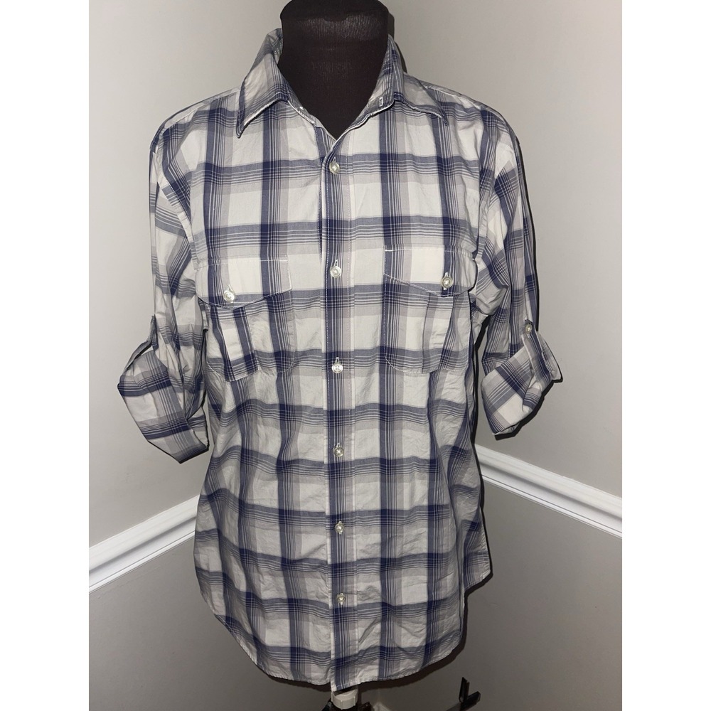 Banana Republic Mens Plaid Shirt‎ Gray Purple Roll Tab Sleeve Mens M